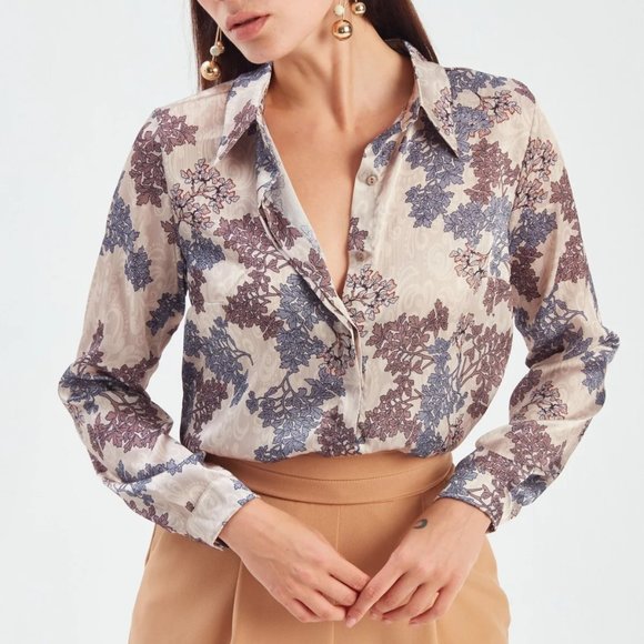 Tree Patterned Loose Silk Shirt - Beige - Picture 2 of 10